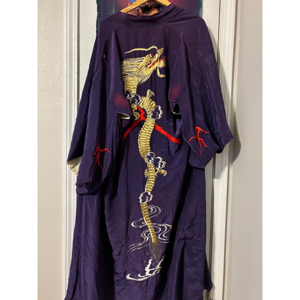 Vintage Purple Embroidered Dragon Kimono Robe Acetate Long Loungewear XL 56in
